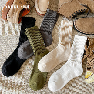 Thick Thread Pure Cotton Socks Men's Socks Workwear Style Thickeneded Pile Terry Back Printed Letters Sweat-Absorbent Mid-Calf Autumn and Winter Stockings