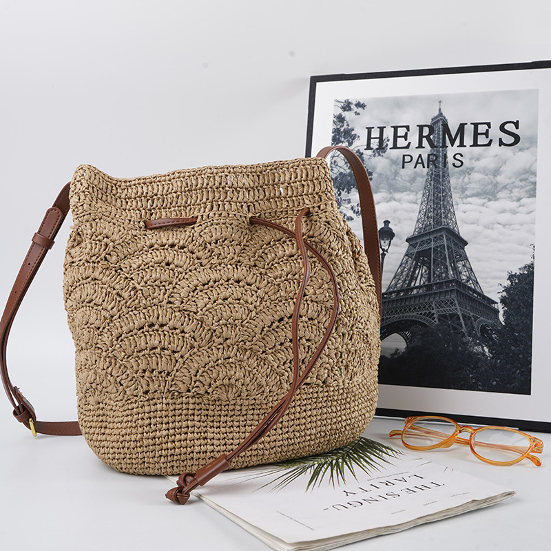 2026 New Arrival Women's Woven Shoulder Bag - Summer Beach Vacation Vintage Large Capacity Hollow Out Bucket Straw Bag - Thumbnail 2