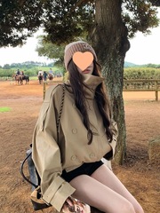 2025秋季新款英伦风双排扣立领短款风衣女宽松时尚流行工装外套潮