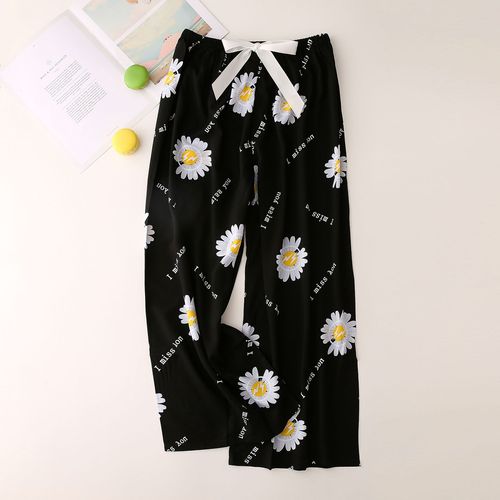 Summer new cotton silk pajamas women's thin large size loose floral trousers wide leg pants pregnant women can wear single pants