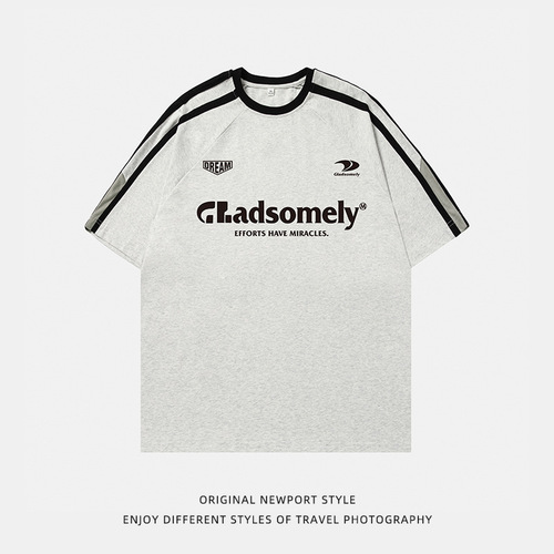 American casual patchwork drawstring letter print short sleeve T-shirt for men summer pure cotton loose half sleeve couple T-shirt q