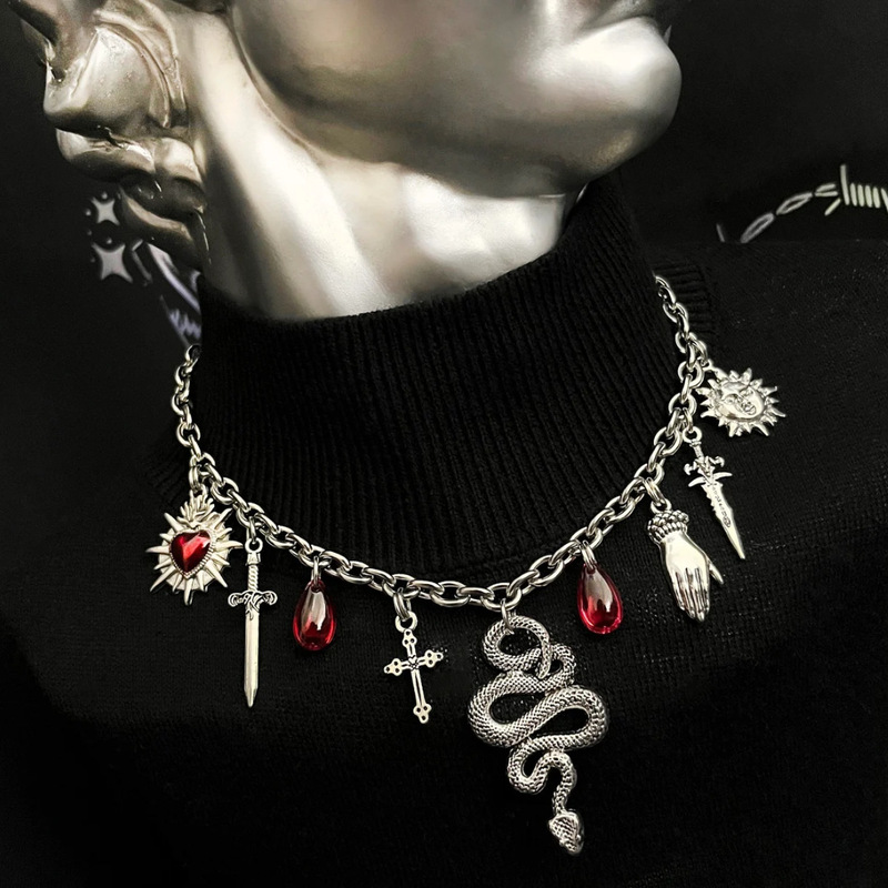 European and American New Gothic Style Kitsch Chain Dagger Snake Cross Pendant Necklace Y2K Necklace Trendy Hip-Hop European and American New Gothic Style Kitsch Chain Dagger Snake Cross Pendant Necklace Y2K Necklace Trendy Hip-Hop