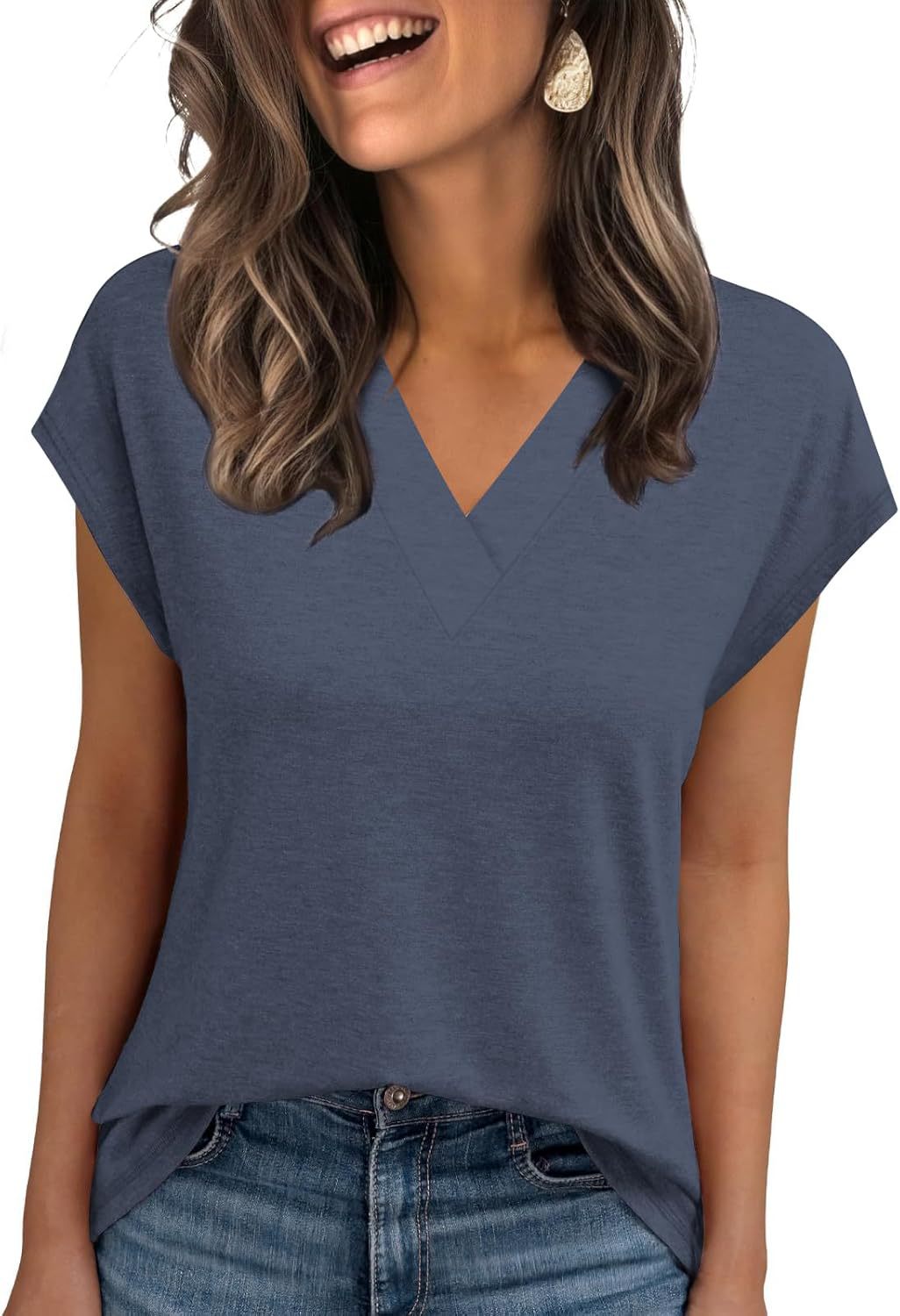 2026 Women Summer Casual V Neck Cap Sleeve Basic Tops_ecoleips.com