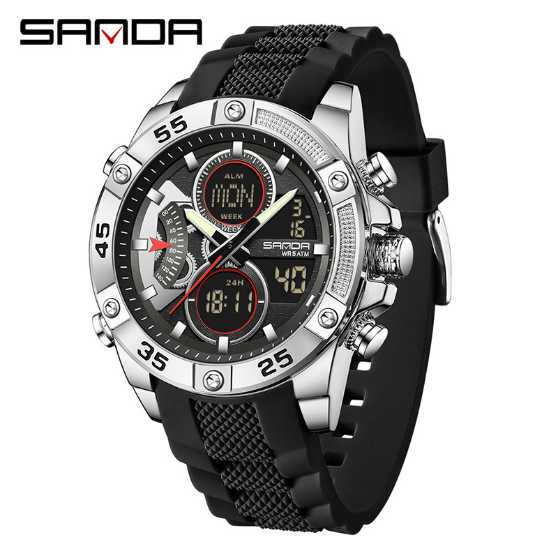 SANDA Sanda 5104 explosión de reloj de estudiante Reloj electrónico multifuncional Reloj deportivo a prueba de agua doble pantalla