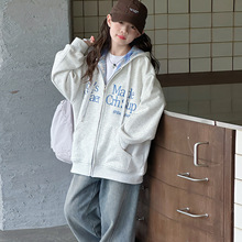 女孩秋装宽松开衫上衣中大童春秋新款撞色小清新时尚长袖连帽衫潮