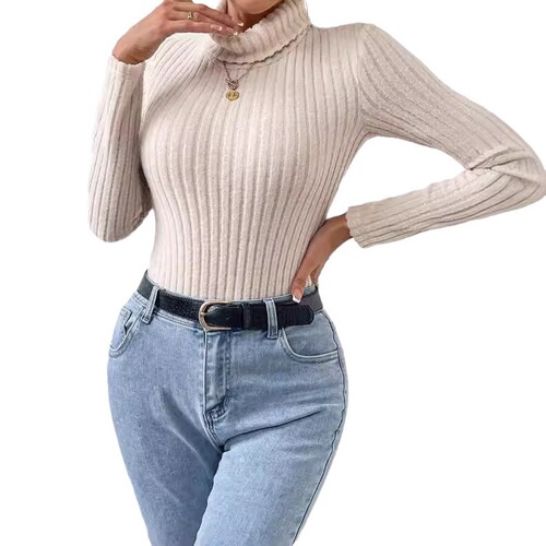 Exclusive French-style high-neck long-sleeved knit fuzzy honeycomb ribbed one-piece top, fashionable and elegant