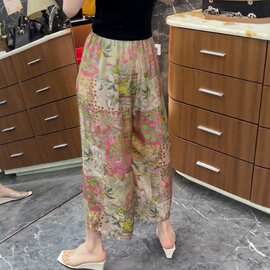 复古印花休闲裤女夏薄款小个子梨型身材高腰显瘦垂感八分阔腿裤