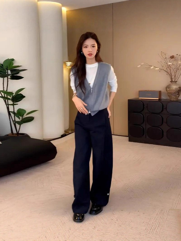 时尚气质百搭套装女2025年秋季新款宽松t恤坎肩马甲阔腿裤三件套|undefined