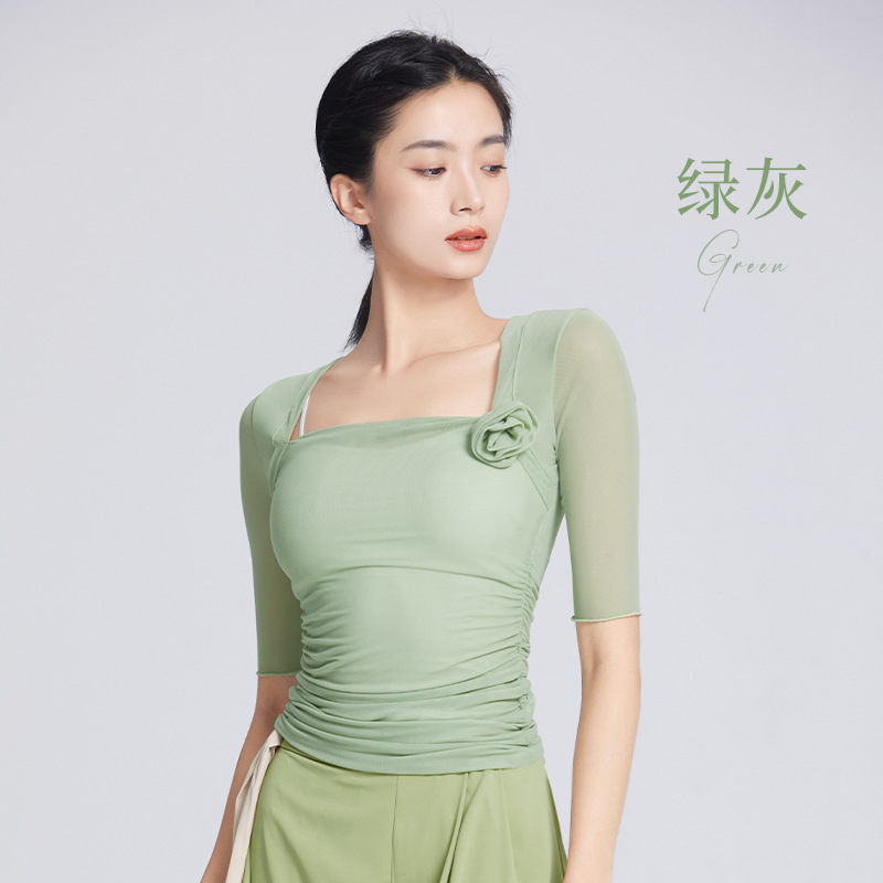 Ropa de baile de ballet práctica blusa gimnasia malla elástica media manga femenina adulta danza clásica gasa ropa superior del cuerpo
