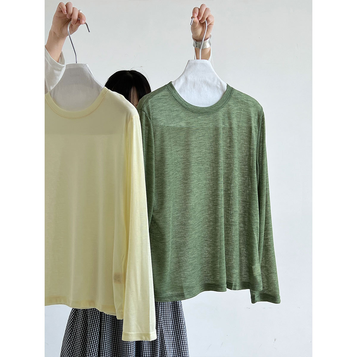 여성용 여름 신상품 NS 누드톤 긴팔 이너웨어, 루즈핏 약간 비침 있는 티셔츠 니트 상의 ss725