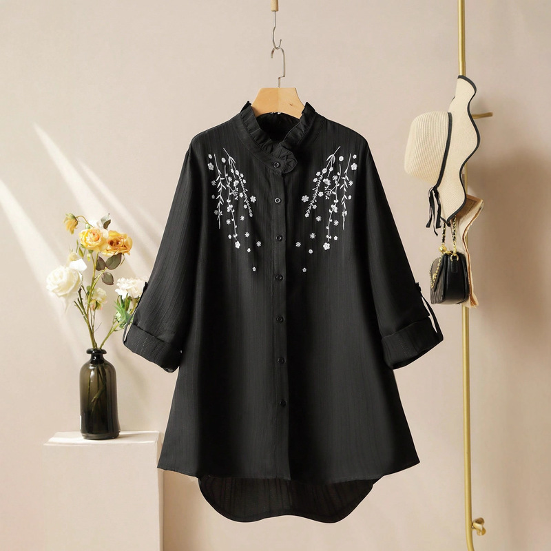 Cross-Border Plus-Size 2025 Spring New Women's Loose Belly-Covering Top with Lace Embroidery Casual Daily Shirt