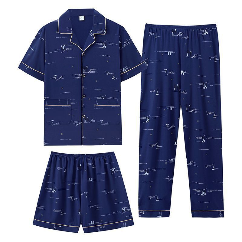 Pajamas de algodón de hombre verano pantalones de manga corta de tres piezas set 2024 nuevo conjunto de ropa casera pantalones cortos delgados tamaño más grande