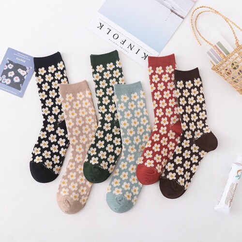Socks for women, mid-calf socks, double-needle combed cotton socks, Hyuna style flower socks, Japanese retro student trendy socks, college socks