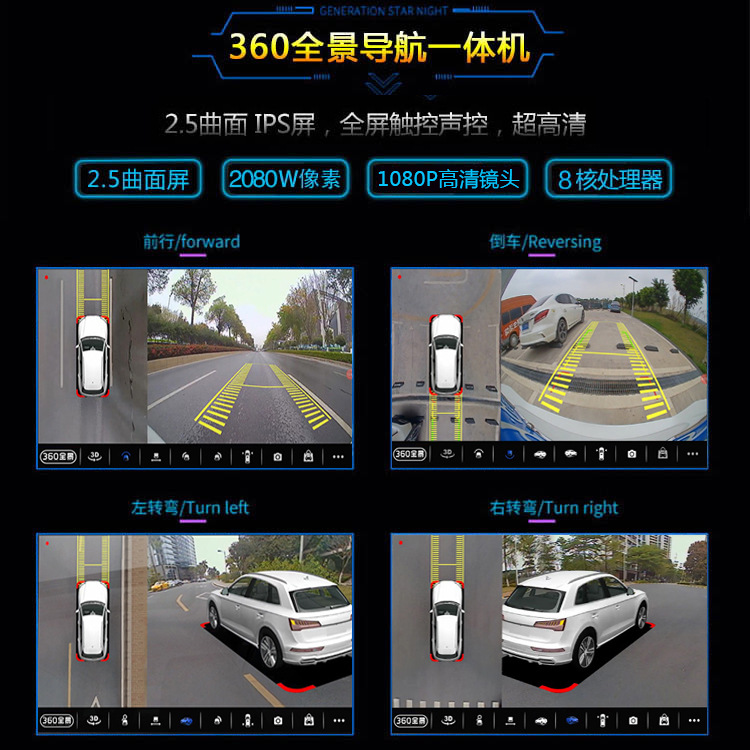 360 grabadora de conducción panorámica HD sin ángulo muerto Sistema de imagen inversa Android pantalla grande navegación 3D máquina todo en uno image 5