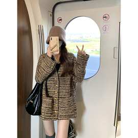 秋季新款复古时尚宽松小众百搭上衣小香风编织领长袖大码外套女