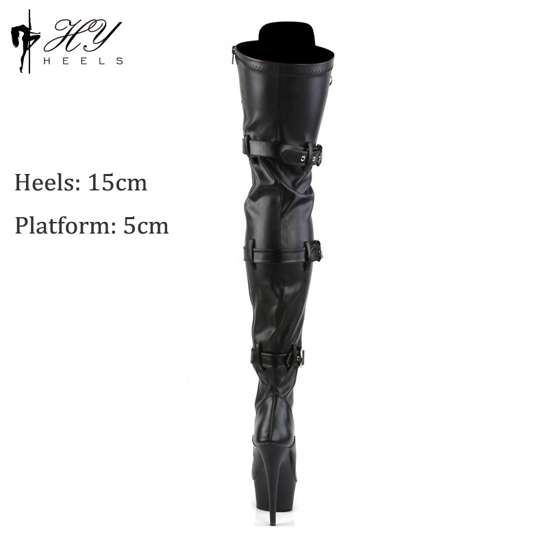 Boot đùi cao gót 15cm chống thấm nước mặt mờ, cỡ lớn — Màu đen, Các mặt hàng tùy chỉnh không được trả lại và không thể trao đổi