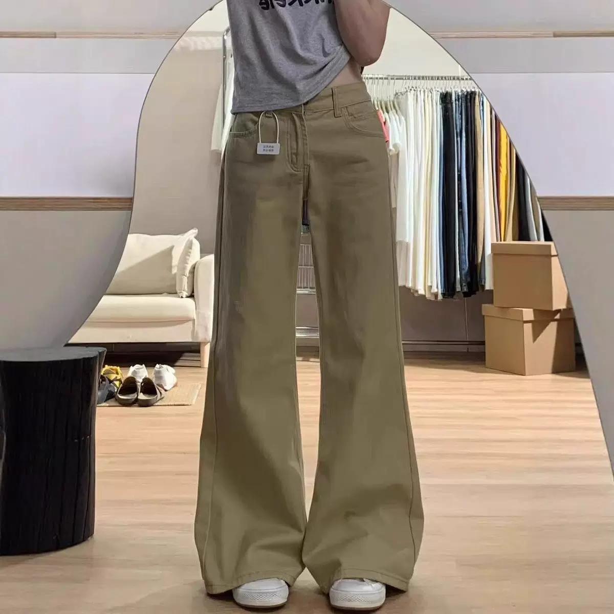 【韩牛】美式微喇牛仔裤女2025新款秋季直筒显瘦卡其色阔腿微喇裤