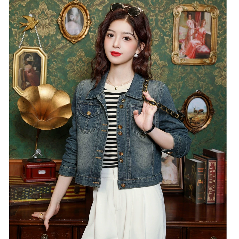 Ретро тонкий джинсовый короткий пиджак женский 2024 осень новый воротник POLO дикий длинный рукав короткий пиджак