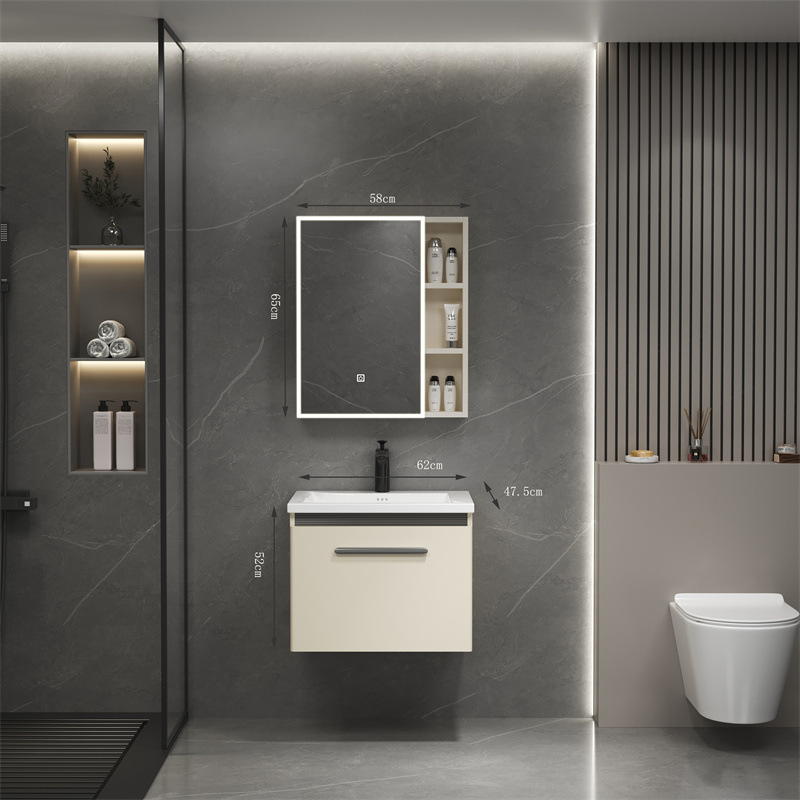 Moderno simple estilo crema de acero inoxidable inteligente espejo de maquillaje gabinete de cerámica integrado lavabo de baño gabinete de lavado de baño