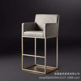 RH原单意式现代简约轻奢皮艺吧椅美式艺术不锈钢金属脚全皮吧凳