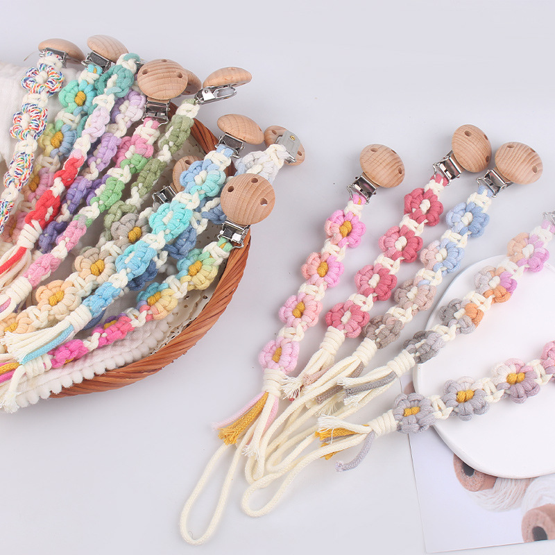 Productos para bebés Clip de chupete de haya Creativo Tejido a mano Estilo pastoral Cadena de chupete de margarita de color