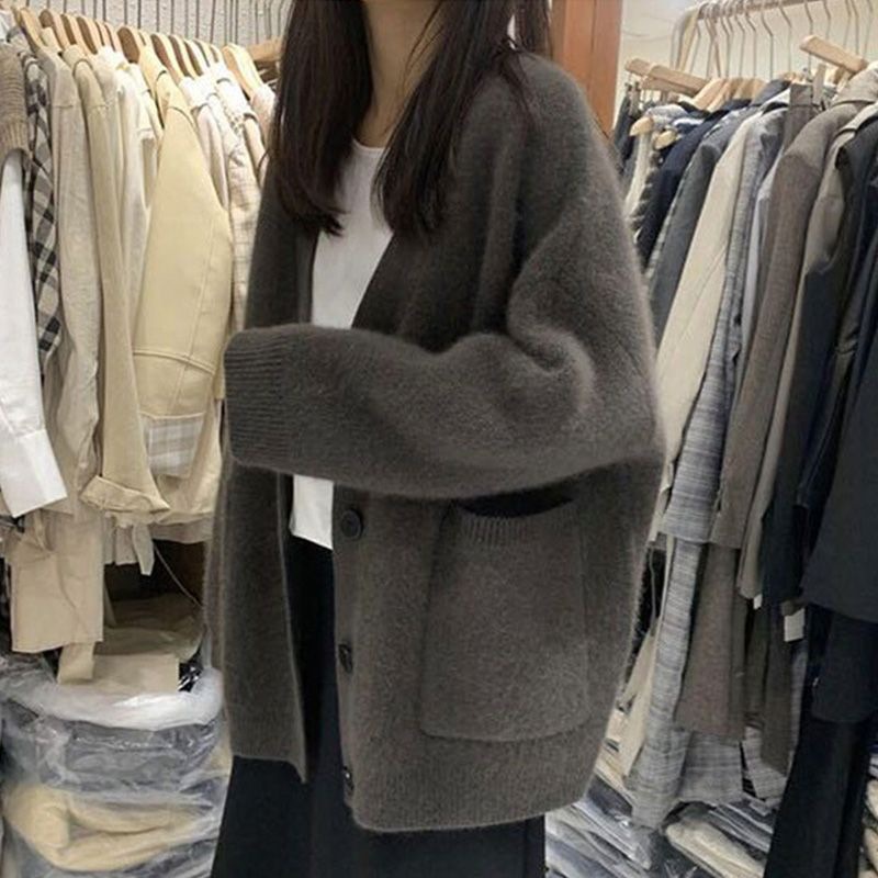 仿水貂绒奶的毛衣外套女装秋冬新款慵懒领针织开衫上衣|undefined