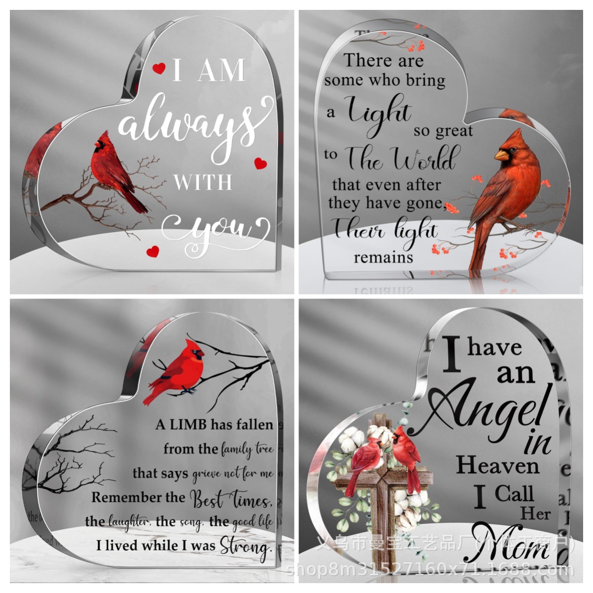 亚马逊跨境新品红鸟图案亚克力桌面装饰摆件爱心形状亚克力装饰品