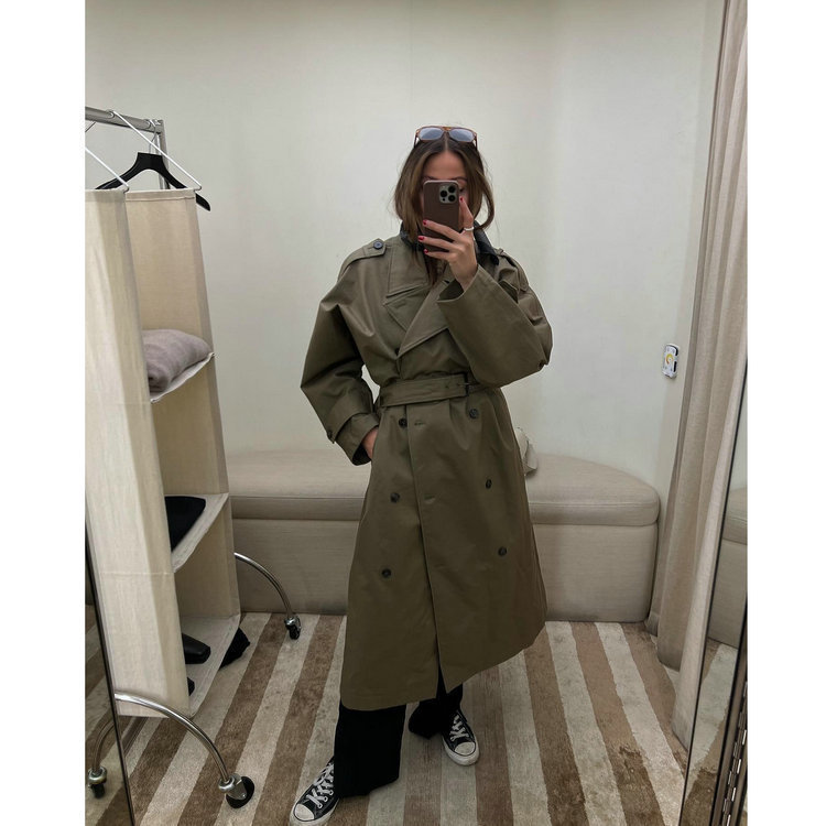 现货TOT女士风衣秋季女气质翻领双排扣外套女大衣高级感风衣春秋|undefined