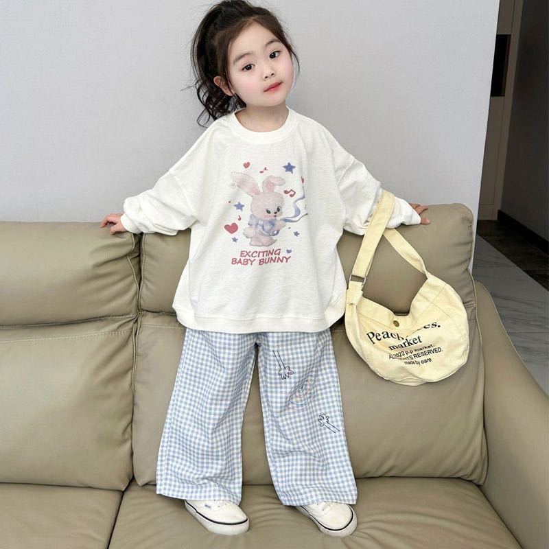 韩国儿童童装女童套装2024新款洋气印花卫衣宝宝格子阔腿裤两件套