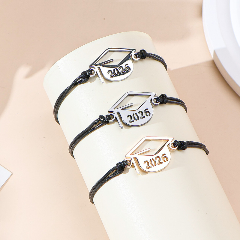 Graduation Season New 2026 Cut Out Stainless Steel Digital Doctor's Hat Bracelet Adjustable Braided Bracelet Creative Gift