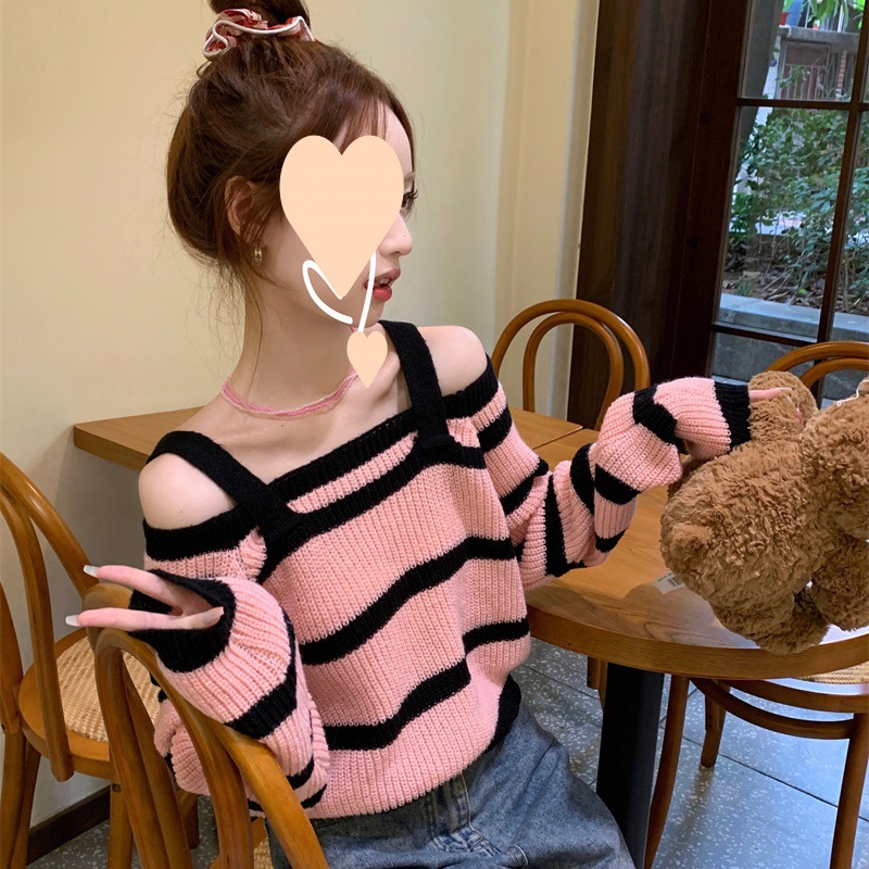 Sexy hot girl suspender off-shoulder sweater for women in autumn new Korean style retro striped contrasting color long-sleeved short knitted sweater