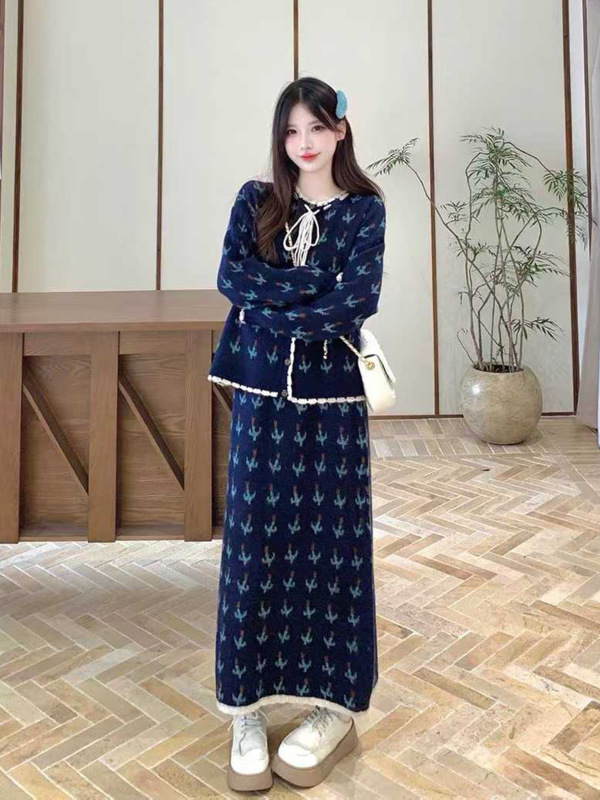 法式碎花复古风花边套装女秋冬新款系带毛衣外套半身裙针织两件套|undefined