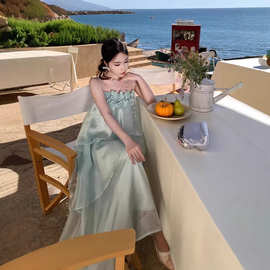 蓝色荷叶边吊带连衣裙女夏季立体花朵雪纺裙子小个子a字蛋糕短裙