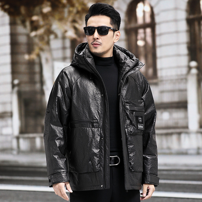 Men's business casual down jacket warm thickened cowhide leather jacket jacket dad wear mid-length down jacket