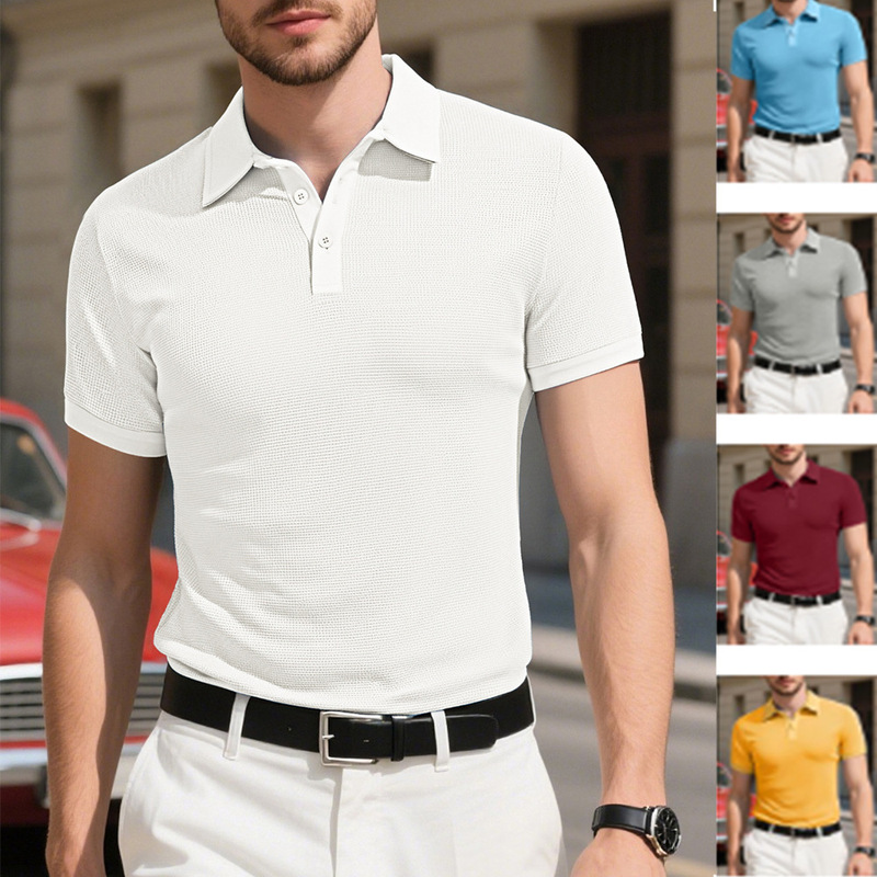 Tiktok New Summer Men's Solid Color Short-Sleeved Button-Down Lapel T-Shirt Slim Fit Business Casual Polo Shirt Top Tiktok New Summer Men's Solid Color Short-Sleeved Button-Down Lapel T-Shirt Slim Fit Business Casual Polo Shirt Top