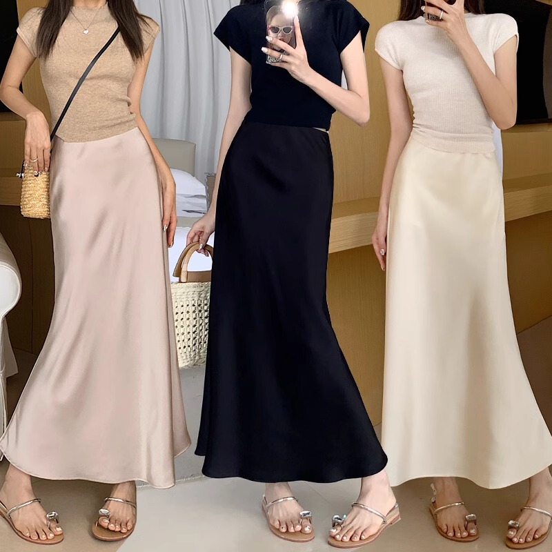 夏の女性のためのハイエンドの白いアセテート サテン スカート、ハイウエスト、ドレープのある A ラインのヒップハグ フィッシュテール スカート|undefined
