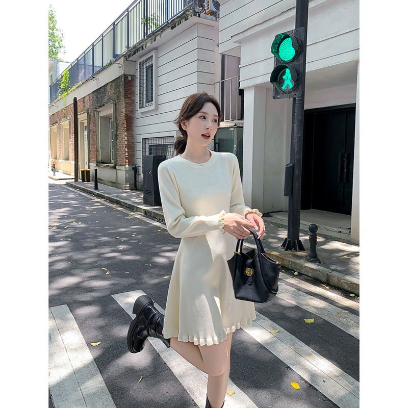 7679法式时尚显瘦针织连衣裙秋季新款中长款内搭打底毛衣裙小黑裙|undefined
