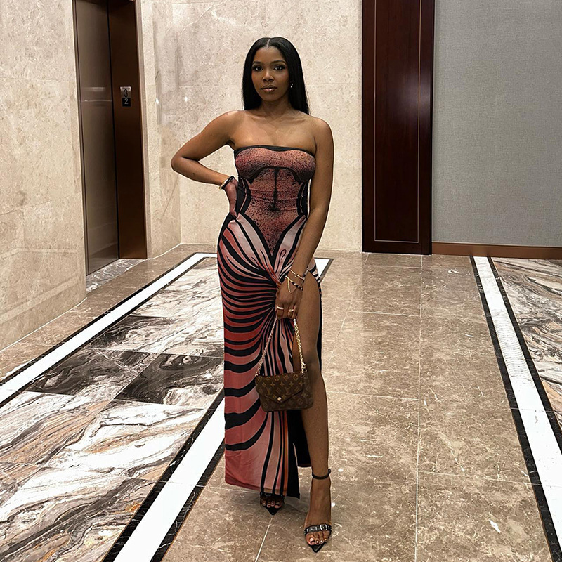 Amazon's European and American cross-border women's clothing summer hot-selling fashion sexy slit printed strapless hot girl slim dress