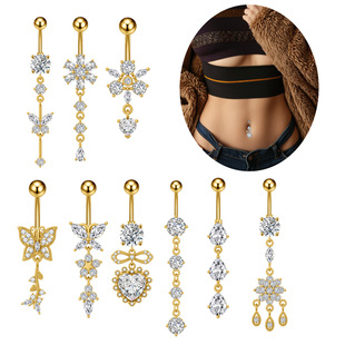 Cross-Border E-Commerce New Product Navel Ring Copper Inlaid Zircon Heart-Shaped Water Drop Butterfly Pendant Navel Nail Body Piercing Jewelry
