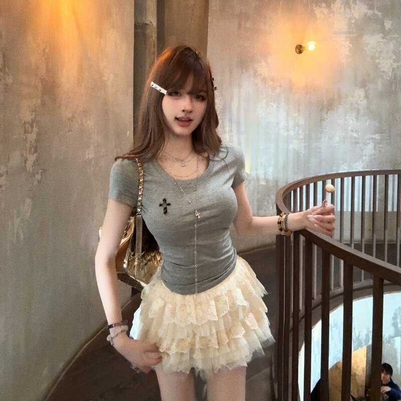 Hong Kong Style Lace Splicing Cross-Stitch Embroidered Round Neck Short-Sleeved Shirt Summer Hollow Slim Fit Top for Women Gray Blue Sleeveless