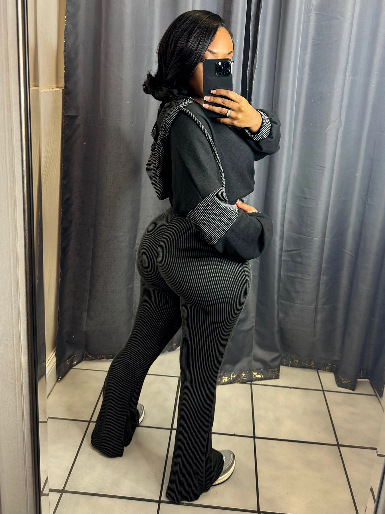 Women Clothing Twist Strip Sweater Stitching Hooded Bell Bottom Pants Two Piece Sets