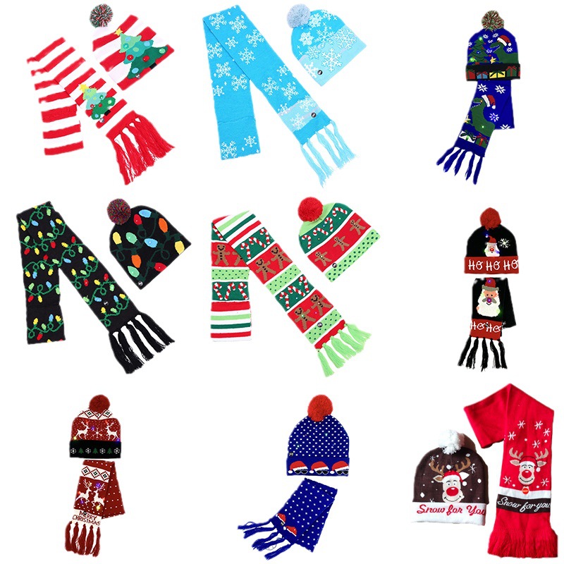 Fabricante transfronterizo de gorros navideños europeos y americanos tejidos en jacquard, gorros navideños de lana con luces LED, gorros navideños con pompón y bufandas. image 6