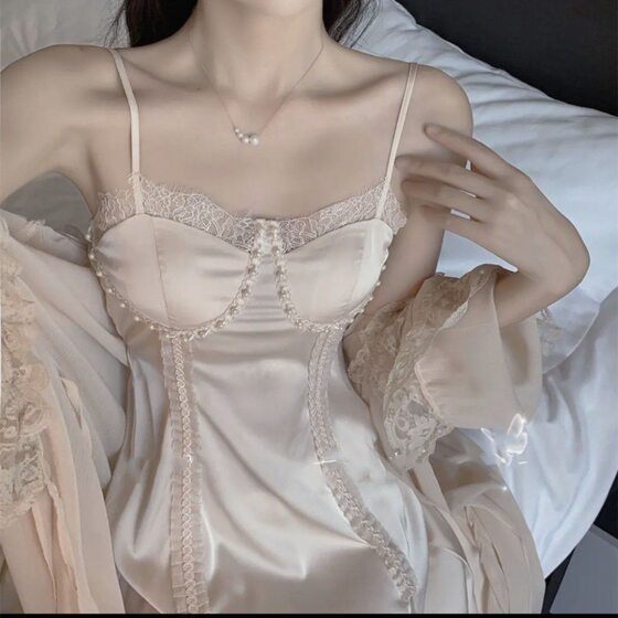 [Fragrance and beauty] girl style strap nightdress women's lace high-grade home wear two-piece set