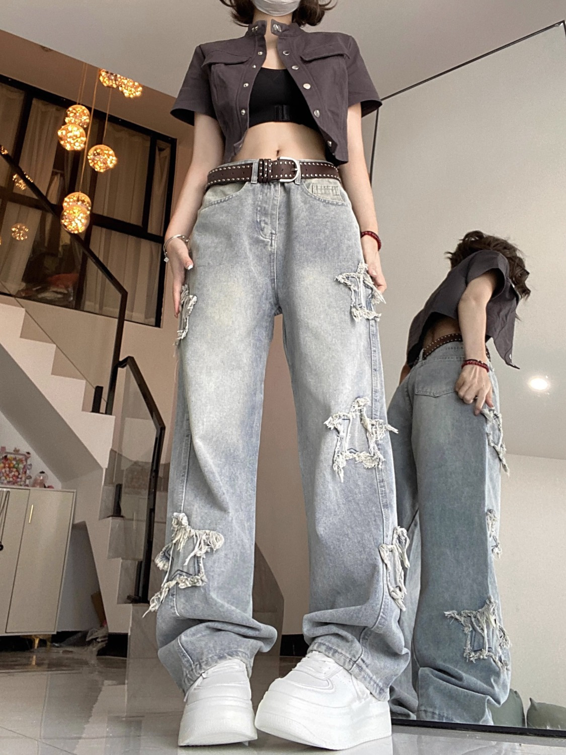 Damjeans American Star Höst Koreanska Utgåva Instagram Hög Midja Slimmade Kanter Broderade Raka Vida Benbyxor_voghion.com