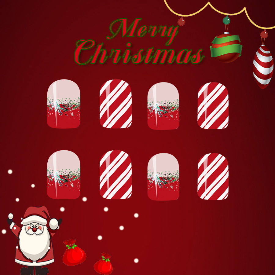Short Gloose Square Armor 2024 New Christmas Red with Green Gradient Stripe Detachable Wear Nail Patch 24 Pieces_voghion.com