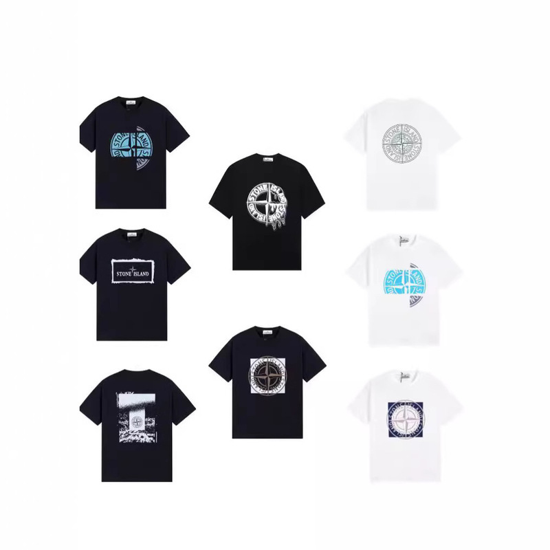 Cross-Border Correct Version of Summer Stone Pure Cotton Short-Sleeved T-Shirt Compass Logo Printing Casual Loose Couple Men and Women