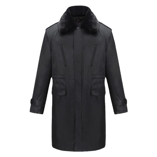 Men's winter military-style overcoat, thick and long, insulated anti-cold cotton coat, black, for property workers and security personnel