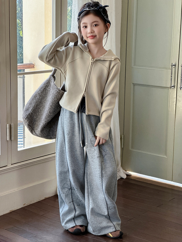 女童秋季外套套装2025新款女大童双面德绒连帽上衣儿童卫裤两件套|undefined