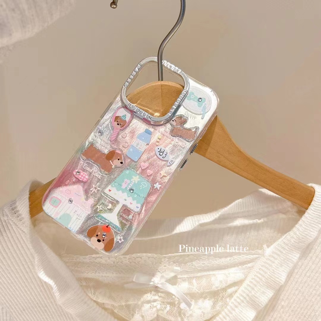 Casa Perro de manzana IPhone15promax Diamante de puntos Apple 15pro funda para teléfono móvil IP13/14 hilo de plumas