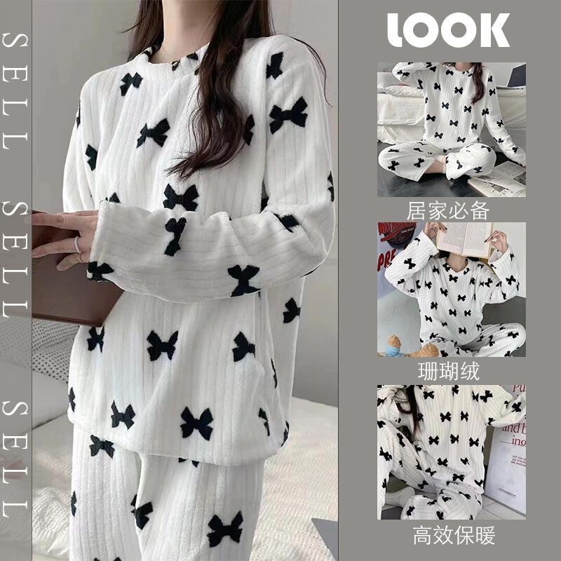 Autumn and Winter Pajamas, Coral Velvet Robe, Fleece-Lined, 2025 Internet Celebrity Style, Cute Student Loungewear, Can Be Worn Outside, Home Set